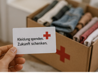 Thema nachhaltige Mode und Second-Hand-Kleidung in erdigen und kühlen Tönen, kombiniert mit minimalistischen Icons für Recycling und Nachhaltigkeit.