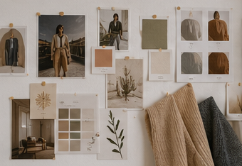 Thema nachhaltige Mode und Second-Hand-Kleidung in erdigen und kühlen Tönen, kombiniert mit minimalistischen Icons für Recycling und Nachhaltigkeit.