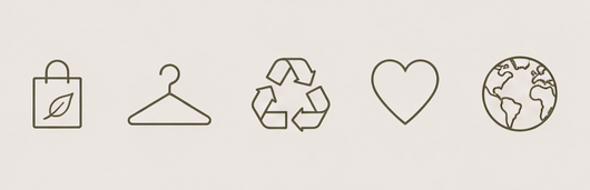 Thema nachhaltige Mode und Second-Hand-Kleidung in erdigen und kühlen Tönen, kombiniert mit minimalistischen Icons für Recycling und Nachhaltigkeit.