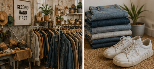 Thema nachhaltige Mode und Second-Hand-Kleidung in erdigen und kühlen Tönen, kombiniert mit minimalistischen Icons für Recycling und Nachhaltigkeit.