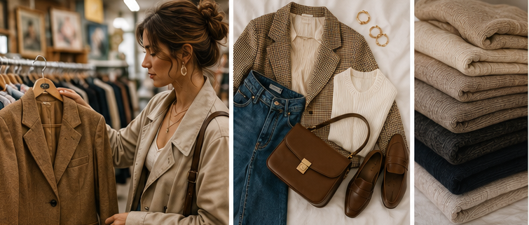 Thema nachhaltige Mode und Second-Hand-Kleidung in erdigen und kühlen Tönen, kombiniert mit minimalistischen Icons für Recycling und Nachhaltigkeit.