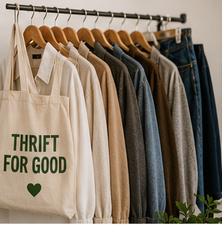 Thema nachhaltige Mode und Second-Hand-Kleidung in erdigen und kühlen Tönen, kombiniert mit minimalistischen Icons für Recycling und Nachhaltigkeit.