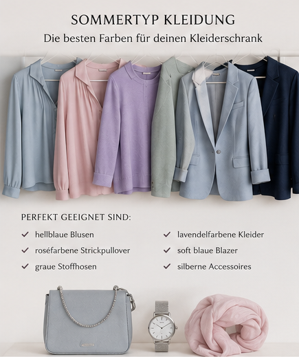 Darstellung verschiedener Kleidungsstücke in Sommerfarben auf Kleiderbügeln, darunter eine graue Handtasche, eine Uhr und ein rosa Schal sowie eine Checkliste für geeignete Kleidungsstücke.