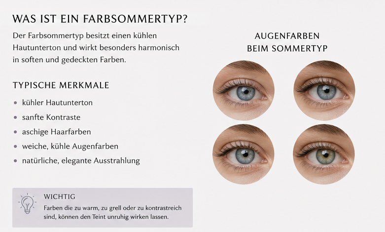 Infografik zum Farbsommertyp: Erläuterung der Merkmale wie kühler Hautunterton und sanfte Kontraste, inklusive Beispielbildern von blauen und grauen Augenfarben.