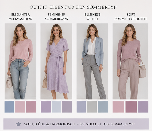 Vier verschiedene Outfit-Kombinationen für den Sommertyp, präsentiert von einer Frau: Alltagslook, Sommerlook, Business-Outfit und ein Soft-Outfit in kühlen Farben.