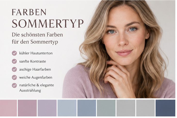Eine Frau mit mittelblonden Haaren vor einer Farbpalette für den Sommertyp mit verschiedenen kühlen Pastelltönen.