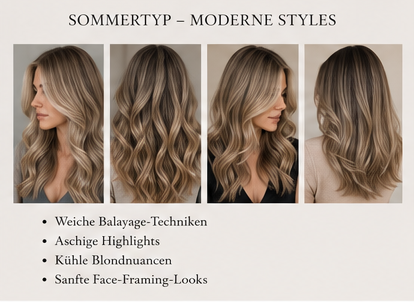 Eine umfassende Übersicht zur Auswahl der passenden Haarfarbe basierend auf dem Sommertyp und Wintertyp, inklusive Porträtaufnahmen, Farbbeispielen und Tipps zum Hautunterton.
