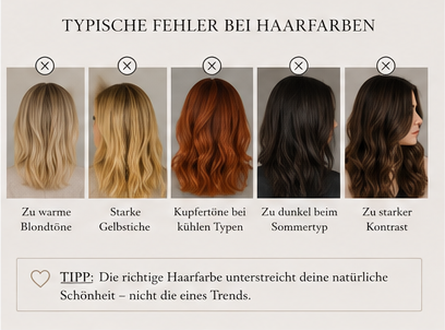 Eine umfassende Übersicht zur Auswahl der passenden Haarfarbe basierend auf dem Sommertyp und Wintertyp, inklusive Porträtaufnahmen, Farbbeispielen und Tipps zum Hautunterton.