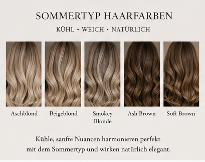 Eine umfassende Übersicht zur Auswahl der passenden Haarfarbe basierend auf dem Sommertyp und Wintertyp, inklusive Porträtaufnahmen, Farbbeispielen und Tipps zum Hautunterton.
