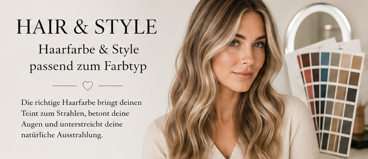 Eine umfassende Übersicht zur Auswahl der passenden Haarfarbe basierend auf dem Sommertyp und Wintertyp, inklusive Porträtaufnahmen, Farbbeispielen und Tipps zum Hautunterton.
