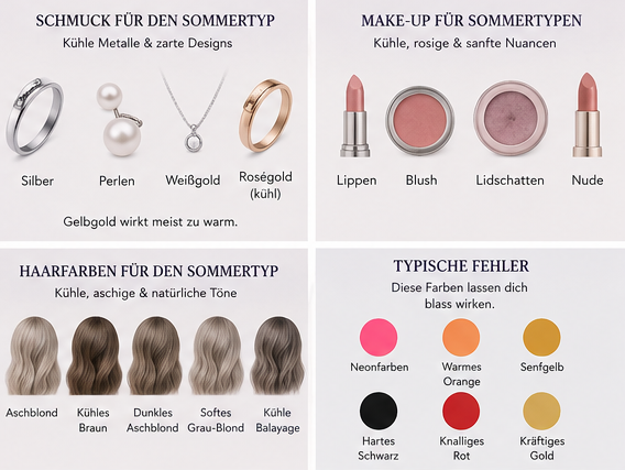 Darstellung von Schmuckbeispielen in Silber und Perlen sowie Make-up-Produkte wie Lippenstift und Lidschatten in kühlen, sanften Nuancen.Übersicht von fünf aschigen Haarfarben von Lichtblond bis Dunkelbraun sowie eine Warnung vor unpassenden, warmen Farben wie Neonpink oder Senfgelb.