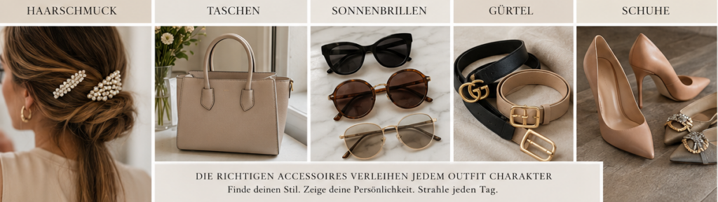 Eine Übersicht zu Accessoires und Schmuck-Styling, unterteilt nach warmen und kühlen Farbtypen, mit Beispielen für Gold-, Silber-, Roségold- und Weißgoldschmuck sowie Taschen und Schuhen.