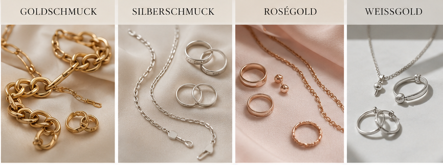 Eine Übersicht zu Accessoires und Schmuck-Styling, unterteilt nach warmen und kühlen Farbtypen, mit Beispielen für Gold-, Silber-, Roségold- und Weißgoldschmuck sowie Taschen und Schuhen.