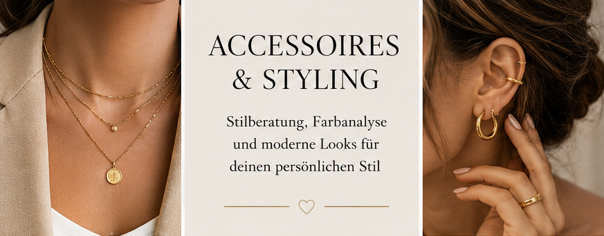 Eine Übersicht zu Accessoires und Schmuck-Styling, unterteilt nach warmen und kühlen Farbtypen, mit Beispielen für Gold-, Silber-, Roségold- und Weißgoldschmuck sowie Taschen und Schuhen.