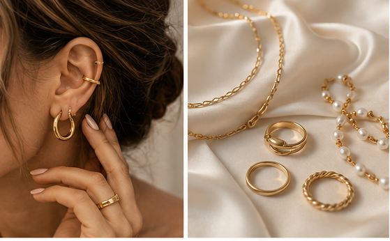 Eine Übersicht zu Accessoires und Schmuck-Styling, unterteilt nach warmen und kühlen Farbtypen, mit Beispielen für Gold-, Silber-, Roségold- und Weißgoldschmuck sowie Taschen und Schuhen.