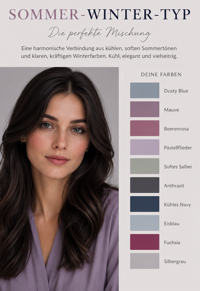 Porträt einer Frau mit dunklen Haaren neben einer vertikalen Farbauswahl für den Sommer-Winter-Mischtyp mit Bezeichnungen wie Mauve, Eisblau und Fuchsia.