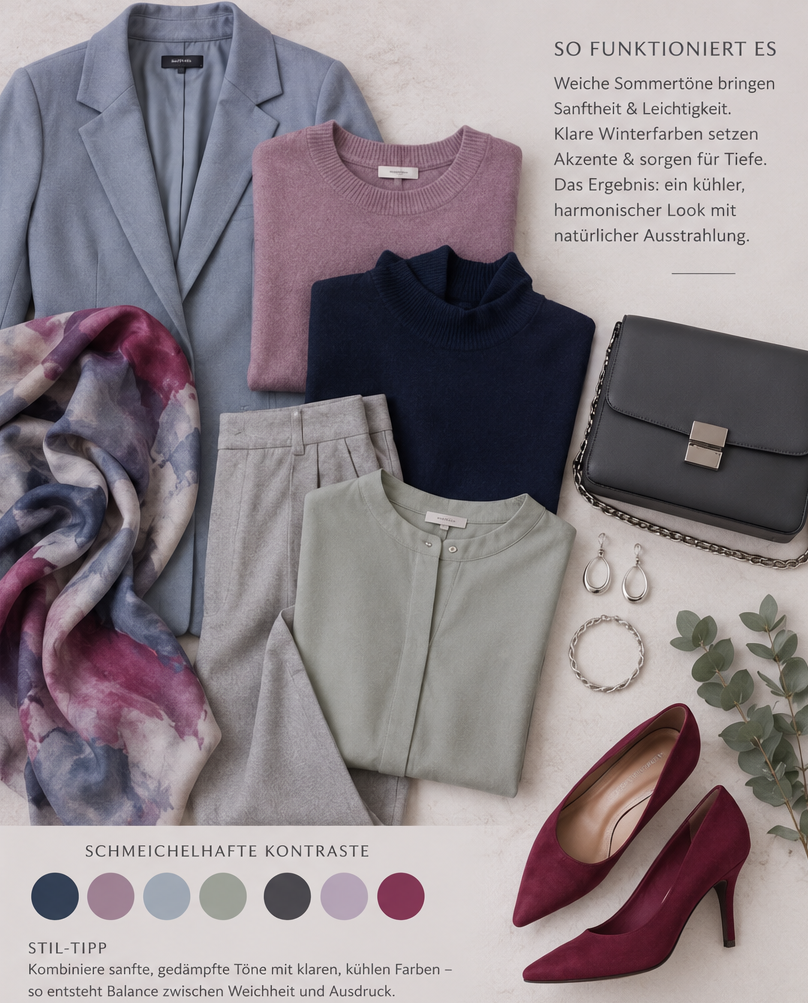 Flach liegende Kleidungsstücke und Accessoires in kühlen Tönen, darunter ein blauer Blazer, ein beerenfarbener Pullover, dunkelrote Pumps und silberner Schmuck.