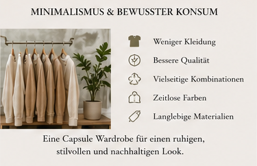 Thema nachhaltige Mode und Second-Hand-Kleidung in erdigen und kühlen Tönen, kombiniert mit minimalistischen Icons für Recycling und Nachhaltigkeit.