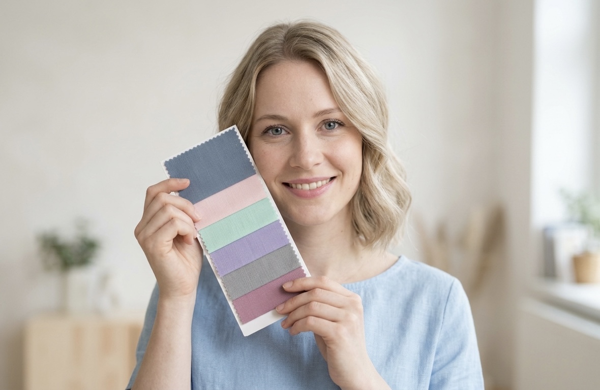 Eine Frau im Stil des kühlen Sommertyps präsentiert eine Farbanalyse-Palette mit verschiedenen Stoffproben in kühlen Farben vor ihrem Gesicht.