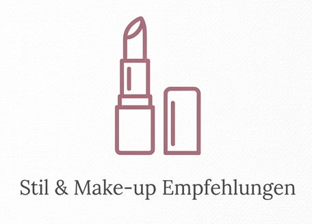 Illustration eines Lippenstifts mit dem Text „Stil & Make-up Empfehlungen“.