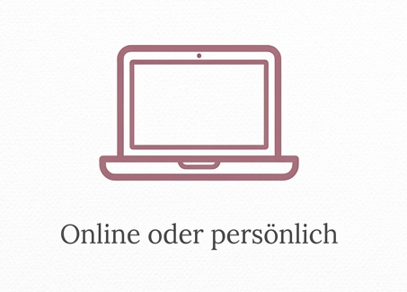 Illustration eines Laptops mit dem Text „Online oder persönlich“.