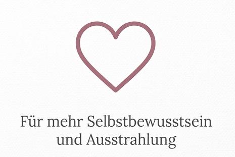 Illustration eines Herzens mit dem Text „Für mehr Selbstbewusstsein und Ausstrahlung“.
