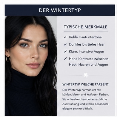 Infografik zum Wintertyp mit dunkelhaariger Frau und Übersicht der typischen Merkmale wie kühle Hautuntertöne, intensive Augen und hohe Kontraste.