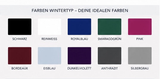 Farbübersicht für den Wintertyp mit klaren und kontrastreichen Nuancen wie Schwarz, Reinweiß, Royalblau, Smaragdgrün, Pink, Bordeaux und Silbergrau.