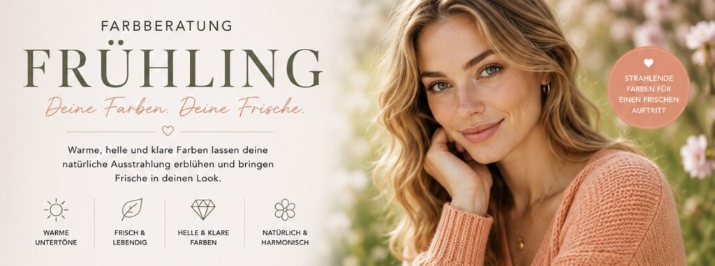 Farbberatung für den Frühlingstyp mit einer Frau in warmen Pfirsich- und Rosétönen sowie Hinweisen zu hellen, klaren und harmonischen Farben.