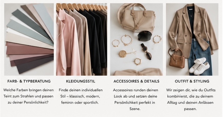 Übersicht zu Farbberatung, Kleidungsstil, Accessoires und Outfit-Kombinationen mit Farbmustern, Kleidung, Schmuck und Modeinspirationen.