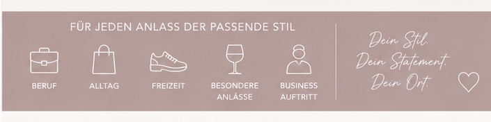 Grafische Übersicht verschiedener Stilrichtungen für Beruf, Alltag, Freizeit, besondere Anlässe und Business-Auftritte.