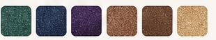 Lidschatten-Farbpalette mit sechs schimmernden Nuancen in Petrolgrün, Dunkelblau, Violett, Bronze, Braun und Gold.