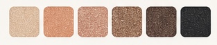 Lidschatten-Farbpalette mit sechs schimmernden Nuancen in Beige, Kupfer, Roségold, Braun und Schwarz.