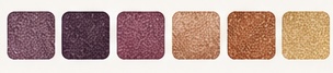 Lidschatten-Farbpalette mit sechs schimmernden Nuancen in Violett, Mauve, Kupfer und Gold.