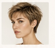 Frau mit modernem Pixie-Cut in hellbraunen und blonden Nuancen. Kurzhaarschnitt mit strukturierter Textur und natürlichem Volumen.