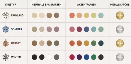 Übersicht der Farbtypen Frühling, Sommer, Herbst und Winter mit passenden Basisfarben, Akzentfarben und empfohlenen Metalltönen.