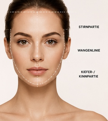 Frau mit markierten Gesichtsbereichen zur Analyse von Stirnpartie, Wangenlinie sowie Kiefer- und Kinnpartie zur Bestimmung der Gesichtsform.