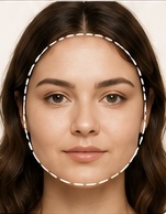 Frau mit markierter Gesichtskontur zur Darstellung einer runden Gesichtsform mit weichen Linien und ausgewogenen Proportionen.