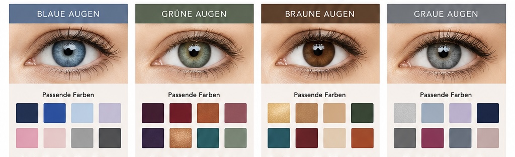 Übersichtsgrafik mit blauen, grünen, braunen und grauen Augen sowie den jeweils passenden Farbempfehlungen für Make-up und Styling.
