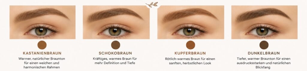 Augenbrauenfarben für den Herbsttyp im Vergleich: Kastanienbraun, Schokobraun, Kupferbraun und Dunkelbraun für warme und harmonische Looks.
