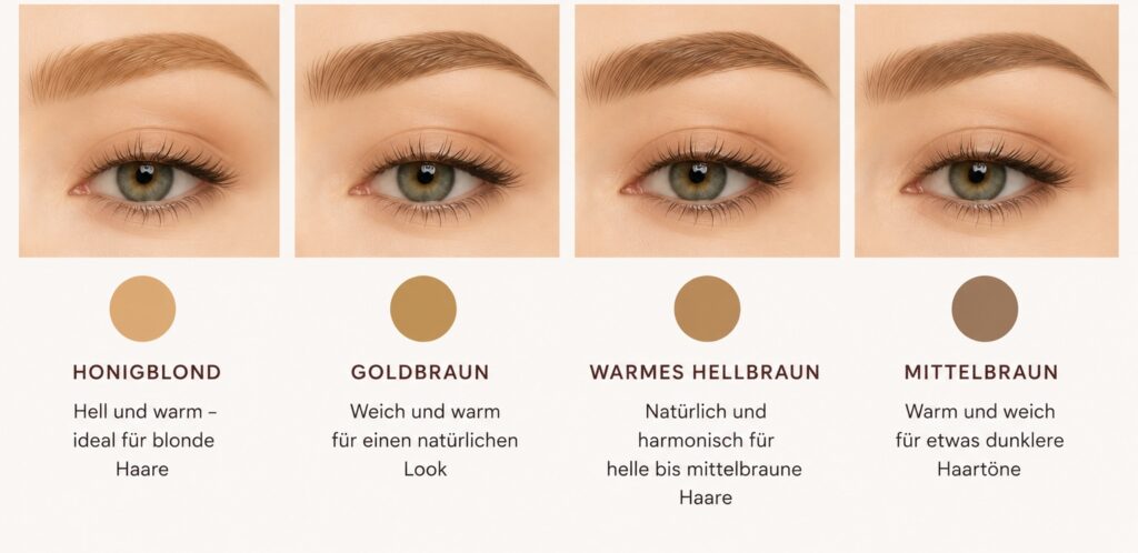 Augenbrauenfarben im Vergleich: Honigblond, Goldbraun, warmes Hellbraun und Mittelbraun für