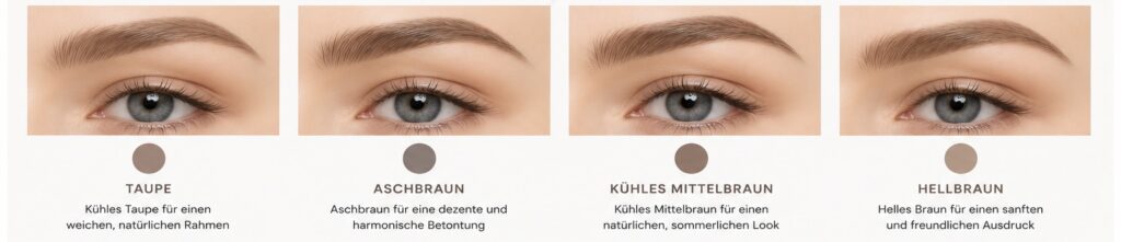 Augenbrauenfarbe für kühle Farbtypen im Vergleich: Taupe, Aschbraun, kühles Mittelbraun und Hellbraun für eine natürliche Augenbrauengestaltung