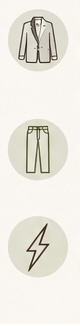 Minimalistische Icons eines Blazers, einer Hose und eines Blitzsymbols als Darstellung von Stil, Outfit-Kombinationen und Ausstrahlung.