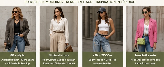 Vier moderne Outfit-Beispiele mit den Stilrichtungen 80s Style, Minimalismus, Y2K und trendigen Farbakzenten.