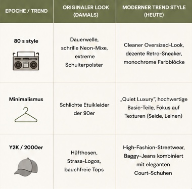 Vergleichsgrafik historischer Modetrends mit modernen Interpretationen der 80er-Jahre, des Minimalismus und des Y2K-Stils.