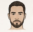 Illustration eines Mannes mit kurzem, gepflegtem Haarschnitt und ordentlich getrimmtem Vollbart zur Darstellung eines klassischen Männerlooks.

