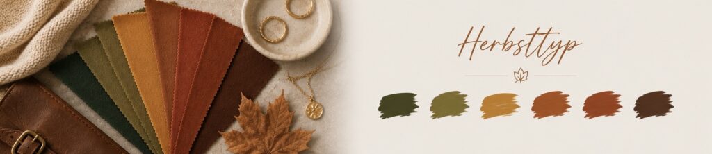 Farbpalette für den Herbsttyp mit warmen Naturfarben wie Oliv, Senfgelb, Terrakotta und Schokoladenbraun.