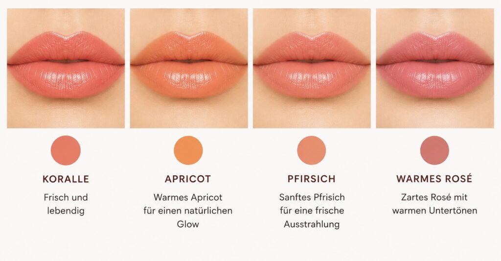 Lippenfarben für warme Farbtypen im vergleich: Koralle, Apricot, Pfirsich und warmes Rosè für ein harmonisches und natürliches Make-up