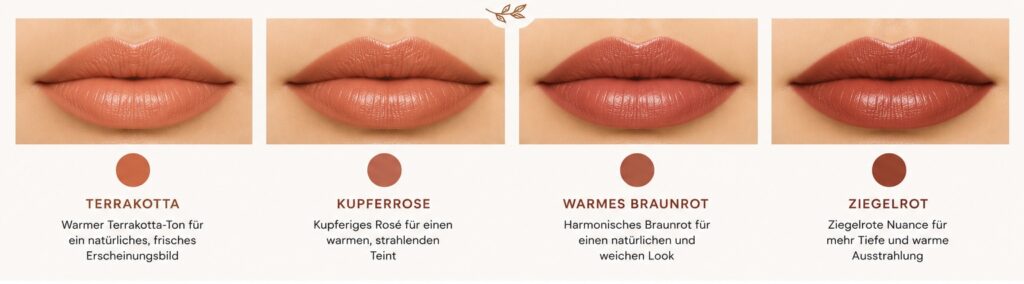 Lippenfarben für den Herbsttyp im Vergleich: Terrakotta, Kupferrose, warmes Braunrot und Ziegelrot für eine warme und natürliche Ausstrahlung.