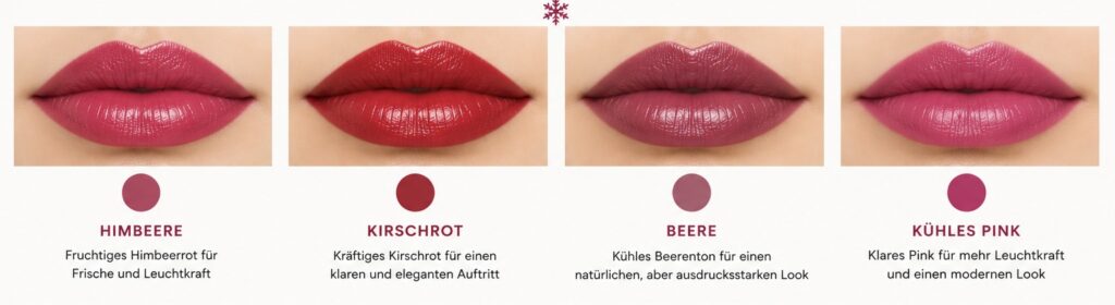 Lippenfarben für den Wintertyp im Vergleich: Himbeere, Kirschrot, Beere und kühles Pink für eine klare und ausdrucksstarke Ausstrahlung.